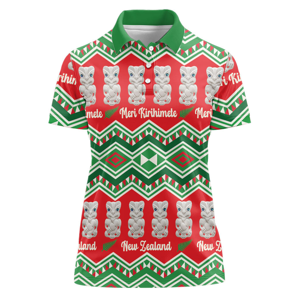 New Zealand Christmas In July Women Polo Shirt Meri Kirihimete Hei Tiki Taniko Motifs Seamless