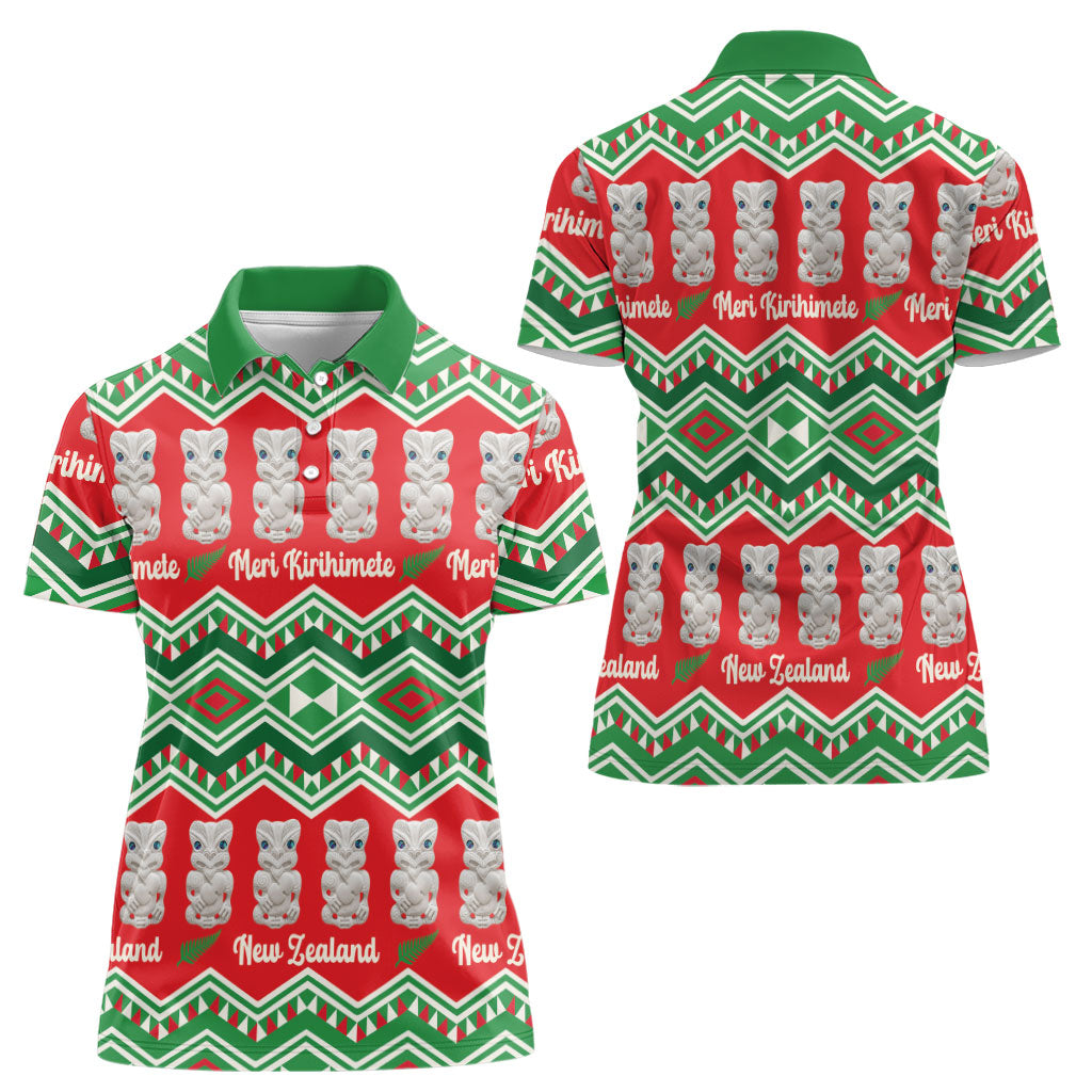 New Zealand Christmas In July Women Polo Shirt Meri Kirihimete Hei Tiki Taniko Motifs Seamless