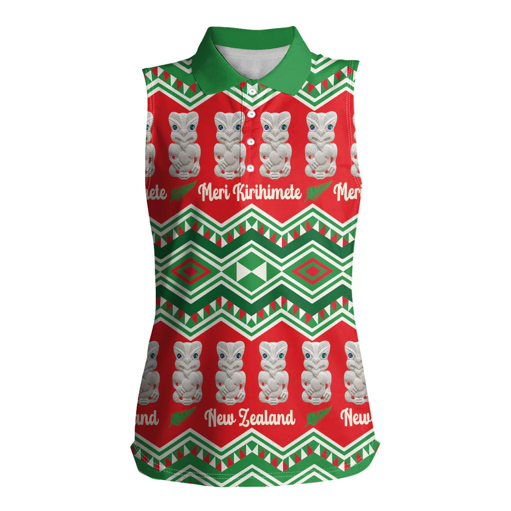 New Zealand Christmas In July Women Sleeveless Polo Shirt Meri Kirihimete Hei Tiki Taniko Motifs Seamless