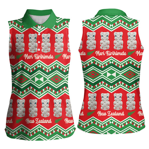 New Zealand Christmas In July Women Sleeveless Polo Shirt Meri Kirihimete Hei Tiki Taniko Motifs Seamless