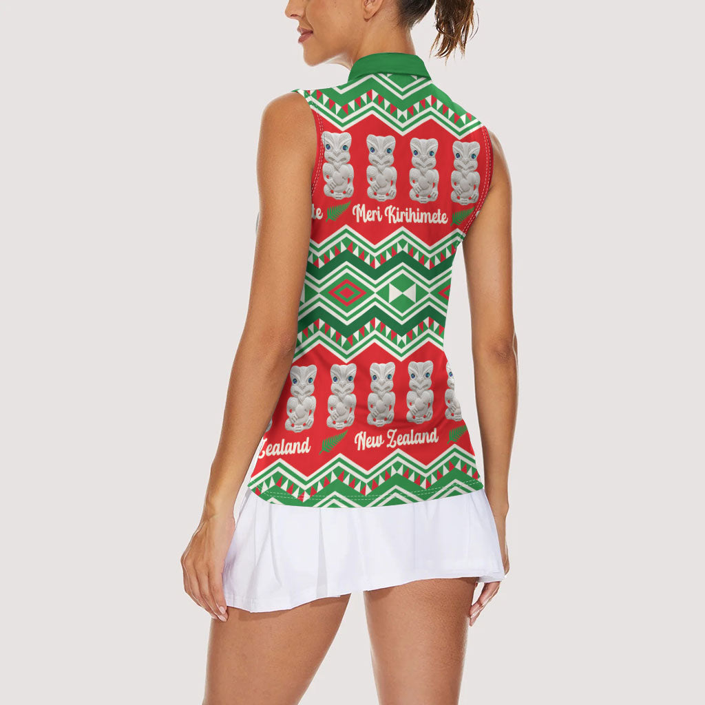 New Zealand Christmas In July Women Sleeveless Polo Shirt Meri Kirihimete Hei Tiki Taniko Motifs Seamless