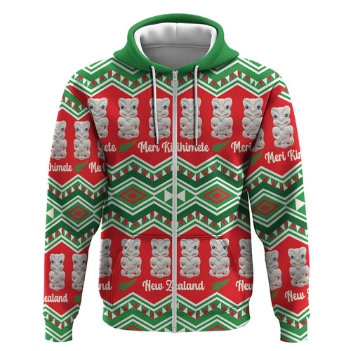 New Zealand Christmas In July Zip Hoodie Meri Kirihimete Hei Tiki Taniko Motifs Seamless