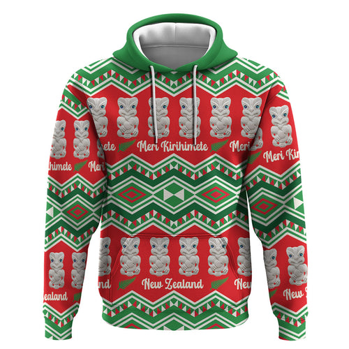 New Zealand Christmas In July Zip Hoodie Meri Kirihimete Hei Tiki Taniko Motifs Seamless