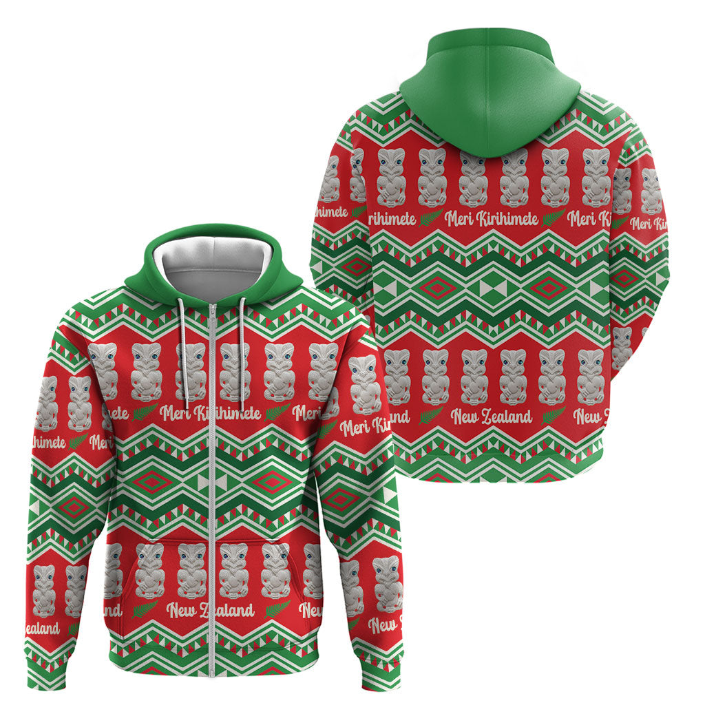 New Zealand Christmas In July Zip Hoodie Meri Kirihimete Hei Tiki Taniko Motifs Seamless