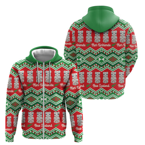New Zealand Christmas In July Zip Hoodie Meri Kirihimete Hei Tiki Taniko Motifs Seamless