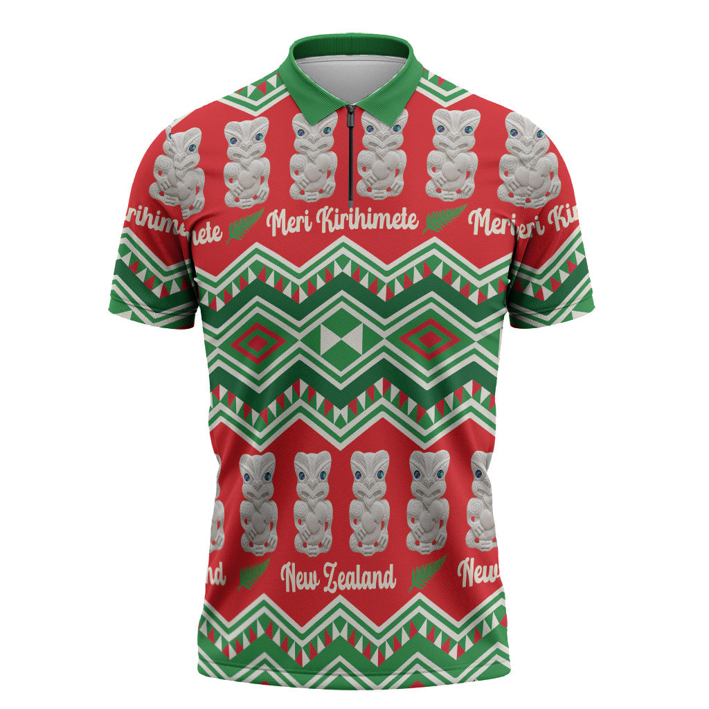 New Zealand Christmas In July Zipper Polo Shirt Meri Kirihimete Hei Tiki Taniko Motifs Seamless