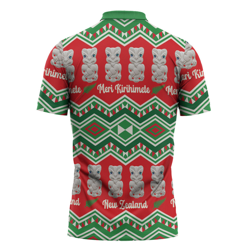 New Zealand Christmas In July Zipper Polo Shirt Meri Kirihimete Hei Tiki Taniko Motifs Seamless