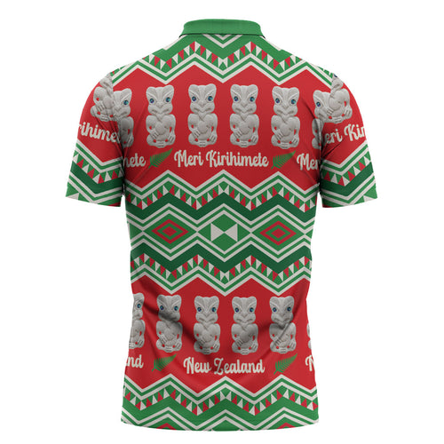 New Zealand Christmas In July Zipper Polo Shirt Meri Kirihimete Hei Tiki Taniko Motifs Seamless