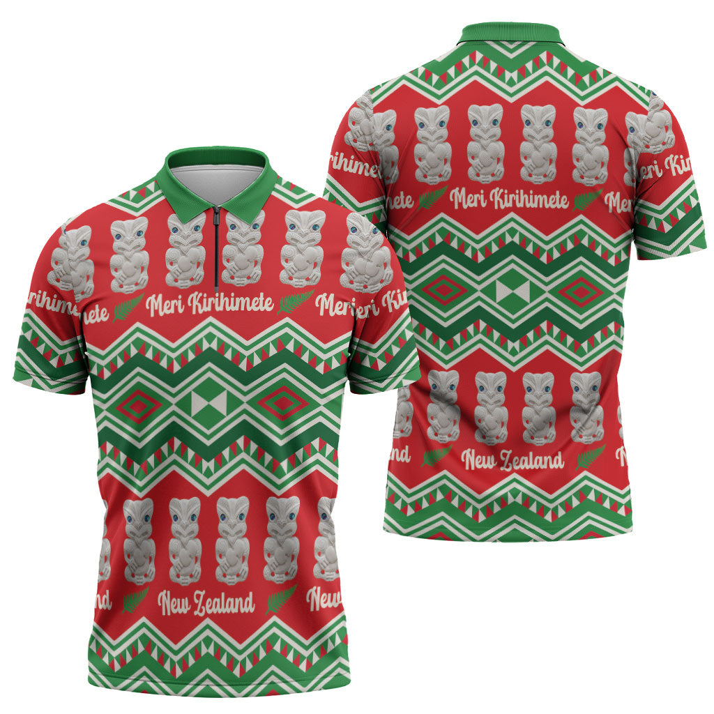 New Zealand Christmas In July Zipper Polo Shirt Meri Kirihimete Hei Tiki Taniko Motifs Seamless