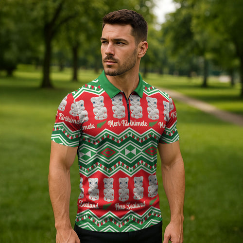New Zealand Christmas In July Zipper Polo Shirt Meri Kirihimete Hei Tiki Taniko Motifs Seamless