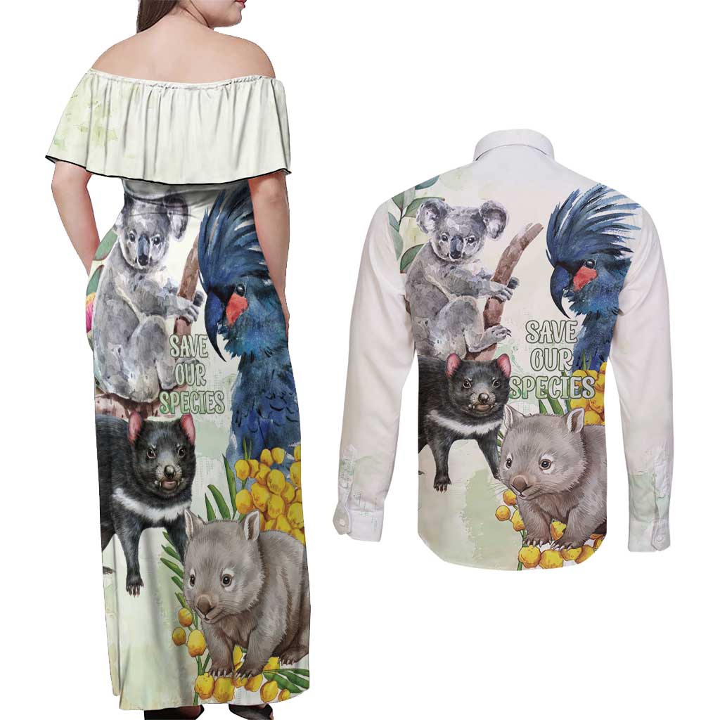 National Threatened Species Day Australia Couples Matching Off Shoulder Maxi Dress and Long Sleeve Button Shirt Aussie Animals Save Our Species - Aussie Hoodie