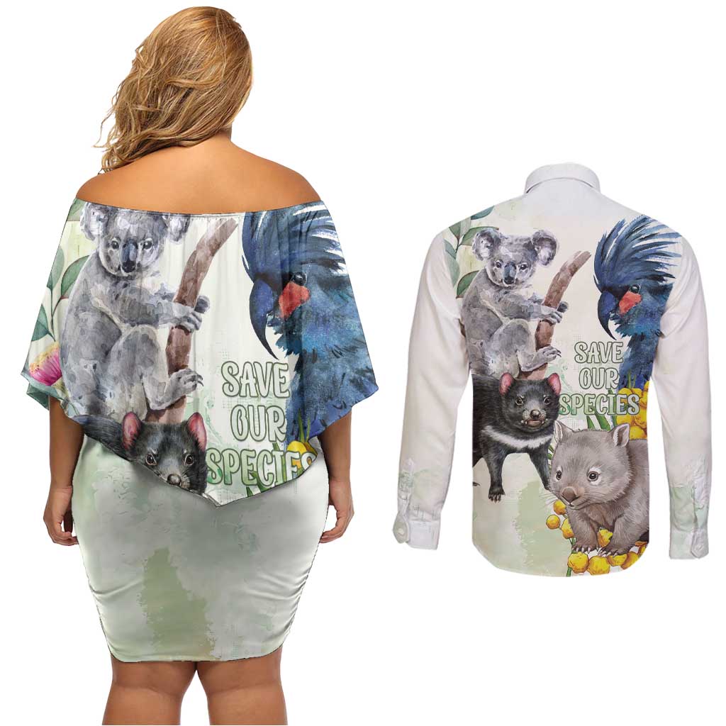 National Threatened Species Day Australia Couples Matching Off Shoulder Short Dress and Long Sleeve Button Shirt Aussie Animals Save Our Species - Aussie Hoodie