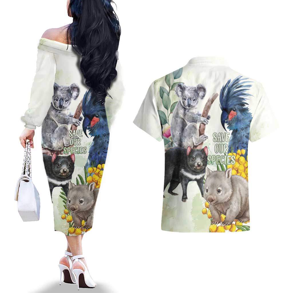 National Threatened Species Day Australia Couples Matching Off The Shoulder Long Sleeve Dress and Hawaiian Shirt Aussie Animals Save Our Species - Aussie Hoodie