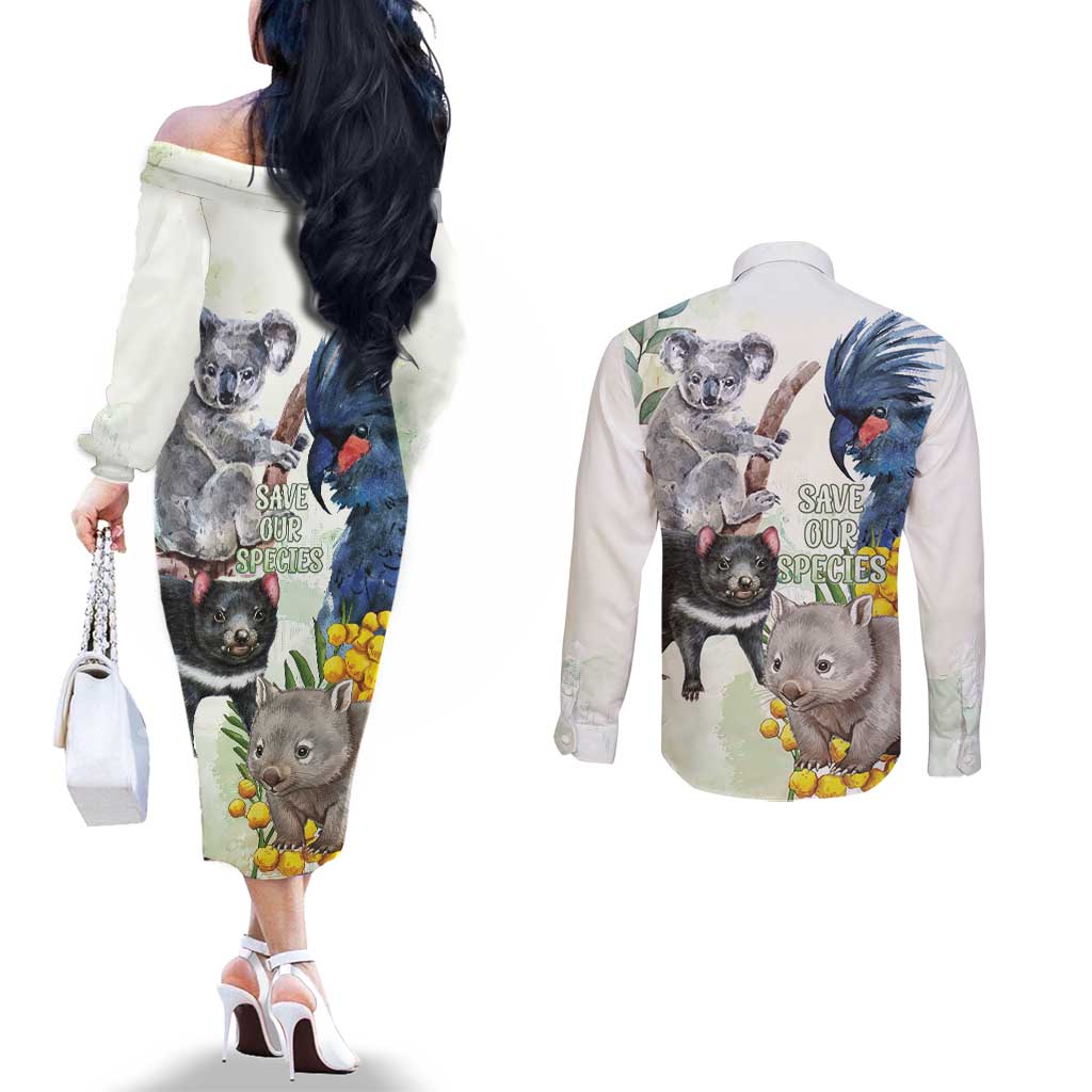 National Threatened Species Day Australia Couples Matching Off The Shoulder Long Sleeve Dress and Long Sleeve Button Shirt Aussie Animals Save Our Species - Aussie Hoodie