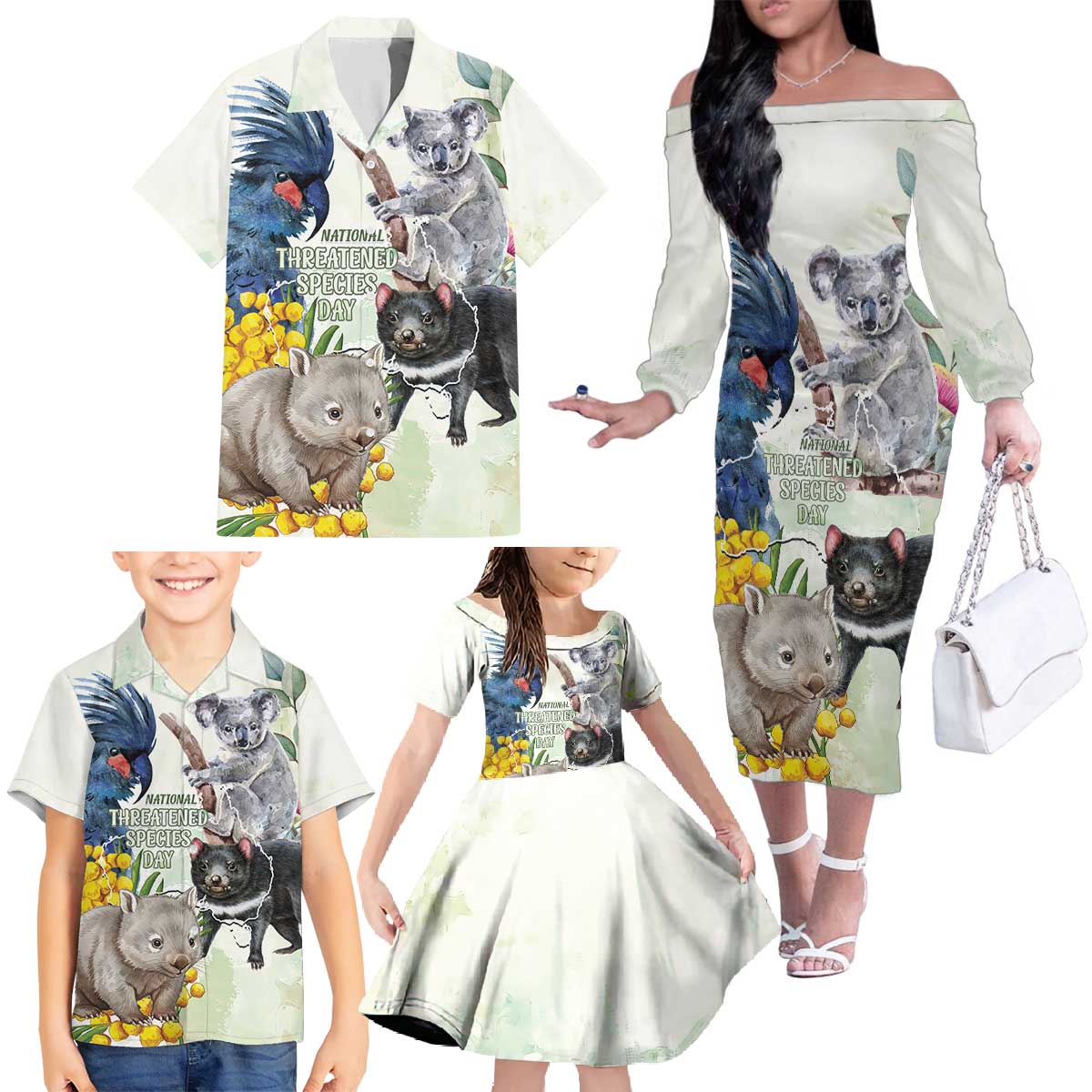 National Threatened Species Day Australia Family Matching Off The Shoulder Long Sleeve Dress and Hawaiian Shirt Aussie Animals Save Our Species - Aussie Hoodie