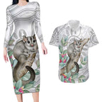 Australia Opossum Couples Matching Long Sleeve Bodycon Dress and Hawaiian Shirt Aboriginal Art Gumtree Blossoms Grunge - Aussie Hoodie