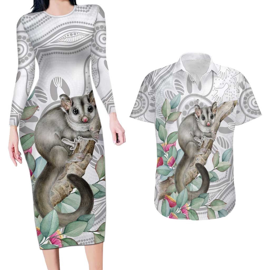 Australia Opossum Couples Matching Long Sleeve Bodycon Dress and Hawaiian Shirt Aboriginal Art Gumtree Blossoms Grunge - Aussie Hoodie
