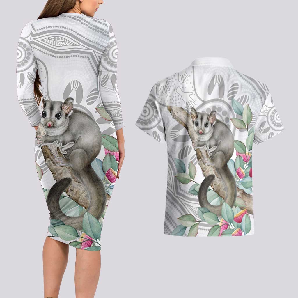 Australia Opossum Couples Matching Long Sleeve Bodycon Dress and Hawaiian Shirt Aboriginal Art Gumtree Blossoms Grunge - Aussie Hoodie