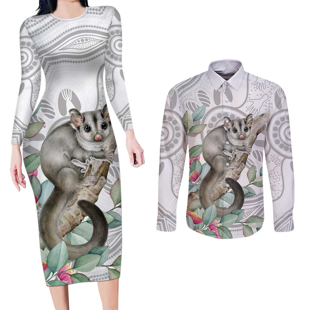 Australia Opossum Couples Matching Long Sleeve Bodycon Dress and Long Sleeve Button Shirt Aboriginal Art Gumtree Blossoms Grunge - Aussie Hoodie