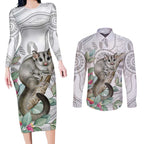 Australia Opossum Couples Matching Long Sleeve Bodycon Dress and Long Sleeve Button Shirt Aboriginal Art Gumtree Blossoms Grunge - Aussie Hoodie