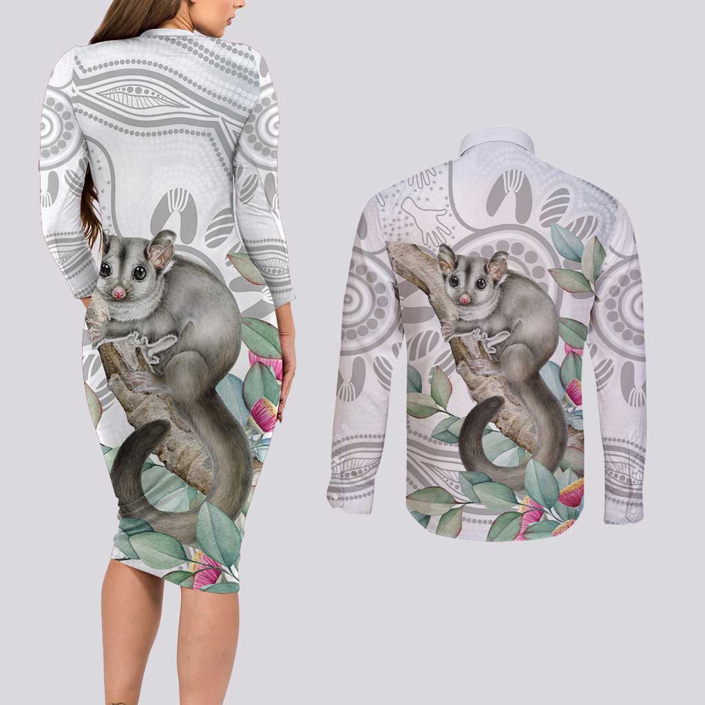 Australia Opossum Couples Matching Long Sleeve Bodycon Dress and Long Sleeve Button Shirt Aboriginal Art Gumtree Blossoms Grunge - Aussie Hoodie