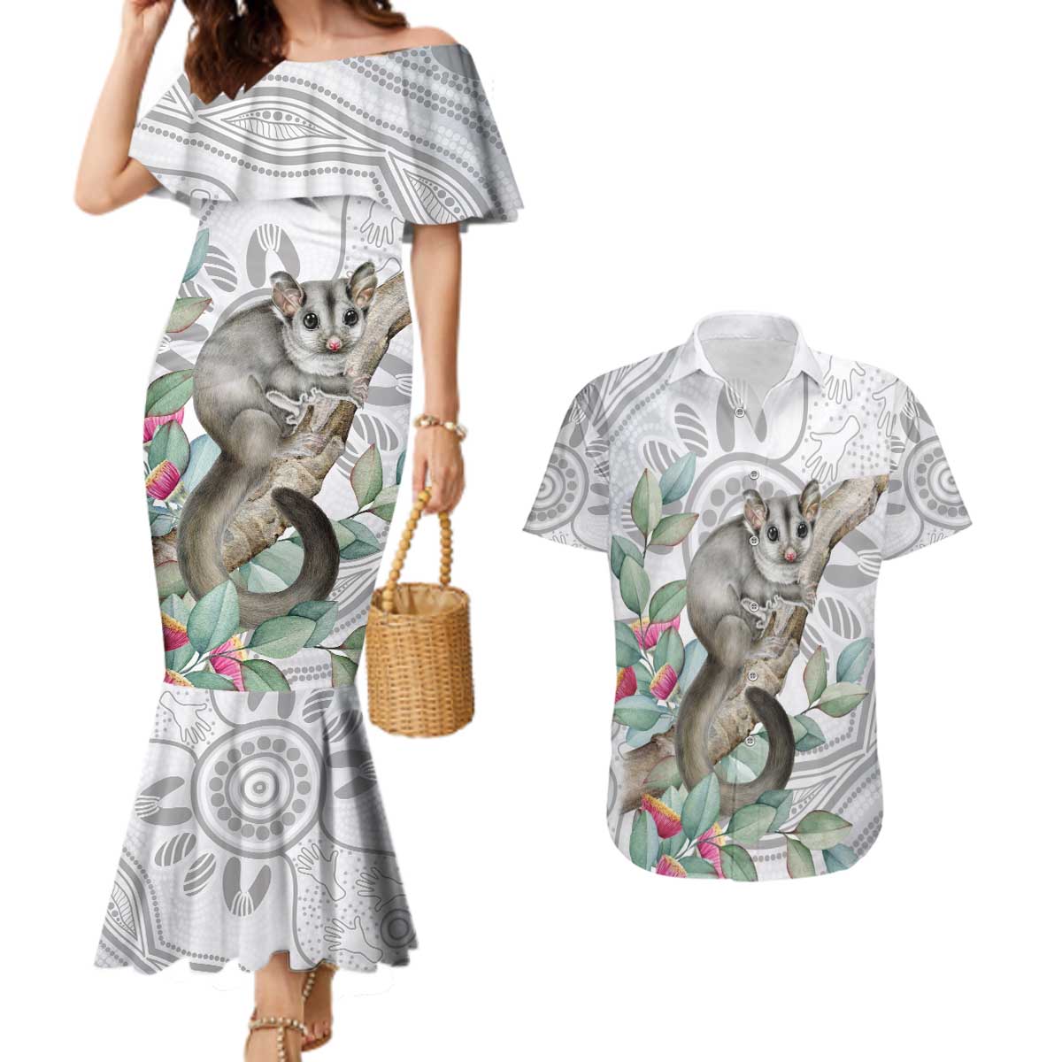 Australia Opossum Couples Matching Mermaid Dress and Hawaiian Shirt Aboriginal Art Gumtree Blossoms Grunge - Aussie Hoodie