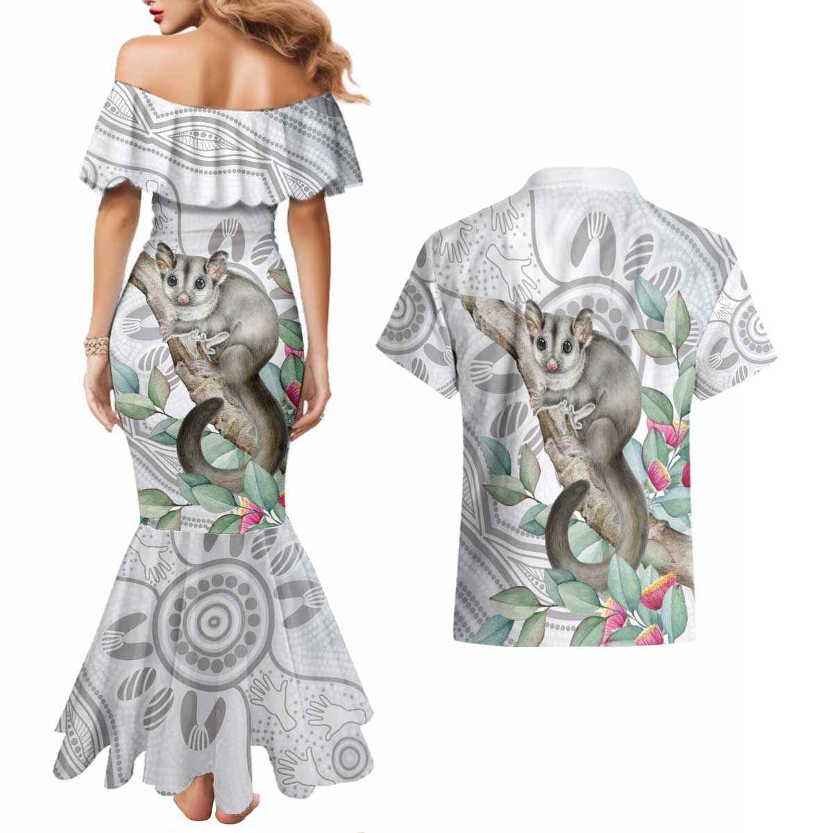 Australia Opossum Couples Matching Mermaid Dress and Hawaiian Shirt Aboriginal Art Gumtree Blossoms Grunge - Aussie Hoodie