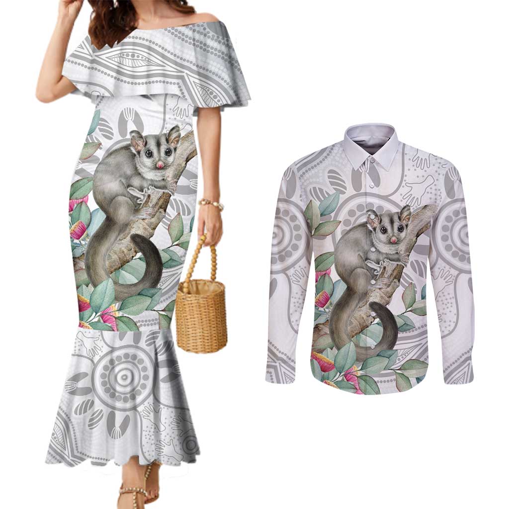 Australia Opossum Couples Matching Mermaid Dress and Long Sleeve Button Shirt Aboriginal Art Gumtree Blossoms Grunge - Aussie Hoodie