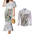 Australia Opossum Couples Matching Mermaid Dress and Long Sleeve Button Shirt Aboriginal Art Gumtree Blossoms Grunge - Aussie Hoodie