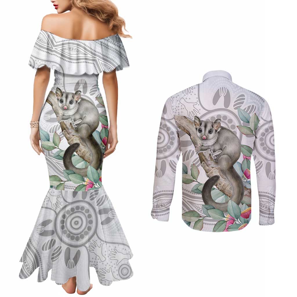 Australia Opossum Couples Matching Mermaid Dress and Long Sleeve Button Shirt Aboriginal Art Gumtree Blossoms Grunge - Aussie Hoodie