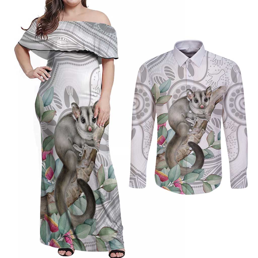 Australia Opossum Couples Matching Off Shoulder Maxi Dress and Long Sleeve Button Shirt Aboriginal Art Gumtree Blossoms Grunge - Aussie Hoodie