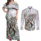 Australia Opossum Couples Matching Off Shoulder Maxi Dress and Long Sleeve Button Shirt Aboriginal Art Gumtree Blossoms Grunge - Aussie Hoodie