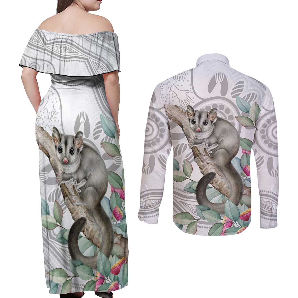 Australia Opossum Couples Matching Off Shoulder Maxi Dress and Long Sleeve Button Shirt Aboriginal Art Gumtree Blossoms Grunge - Aussie Hoodie