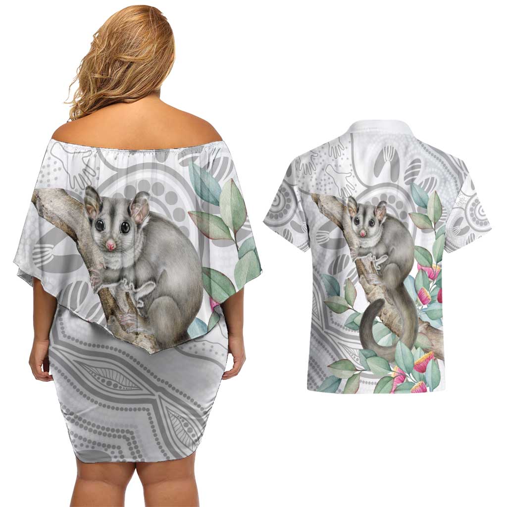 Australia Opossum Couples Matching Off Shoulder Short Dress and Hawaiian Shirt Aboriginal Art Gumtree Blossoms Grunge - Aussie Hoodie