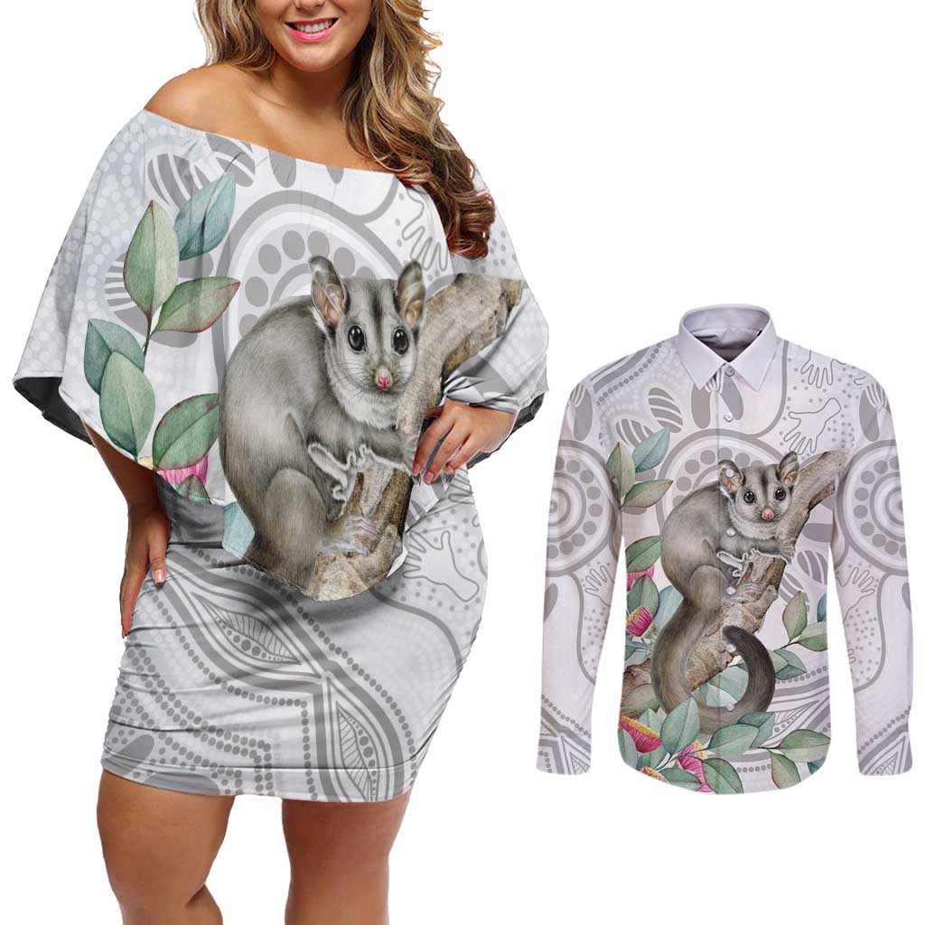 Australia Opossum Couples Matching Off Shoulder Short Dress and Long Sleeve Button Shirt Aboriginal Art Gumtree Blossoms Grunge - Aussie Hoodie