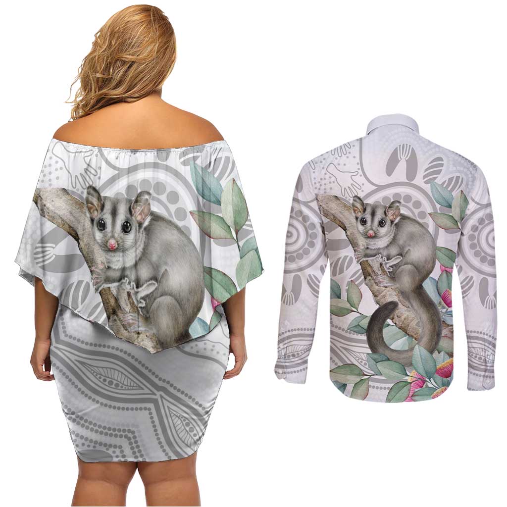 Australia Opossum Couples Matching Off Shoulder Short Dress and Long Sleeve Button Shirt Aboriginal Art Gumtree Blossoms Grunge - Aussie Hoodie