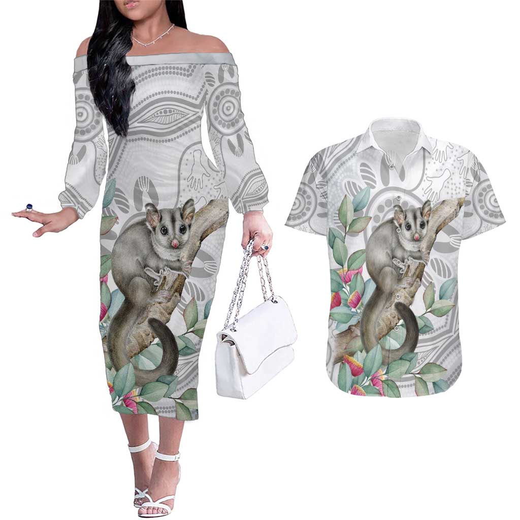 Australia Opossum Couples Matching Off The Shoulder Long Sleeve Dress and Hawaiian Shirt Aboriginal Art Gumtree Blossoms Grunge - Aussie Hoodie