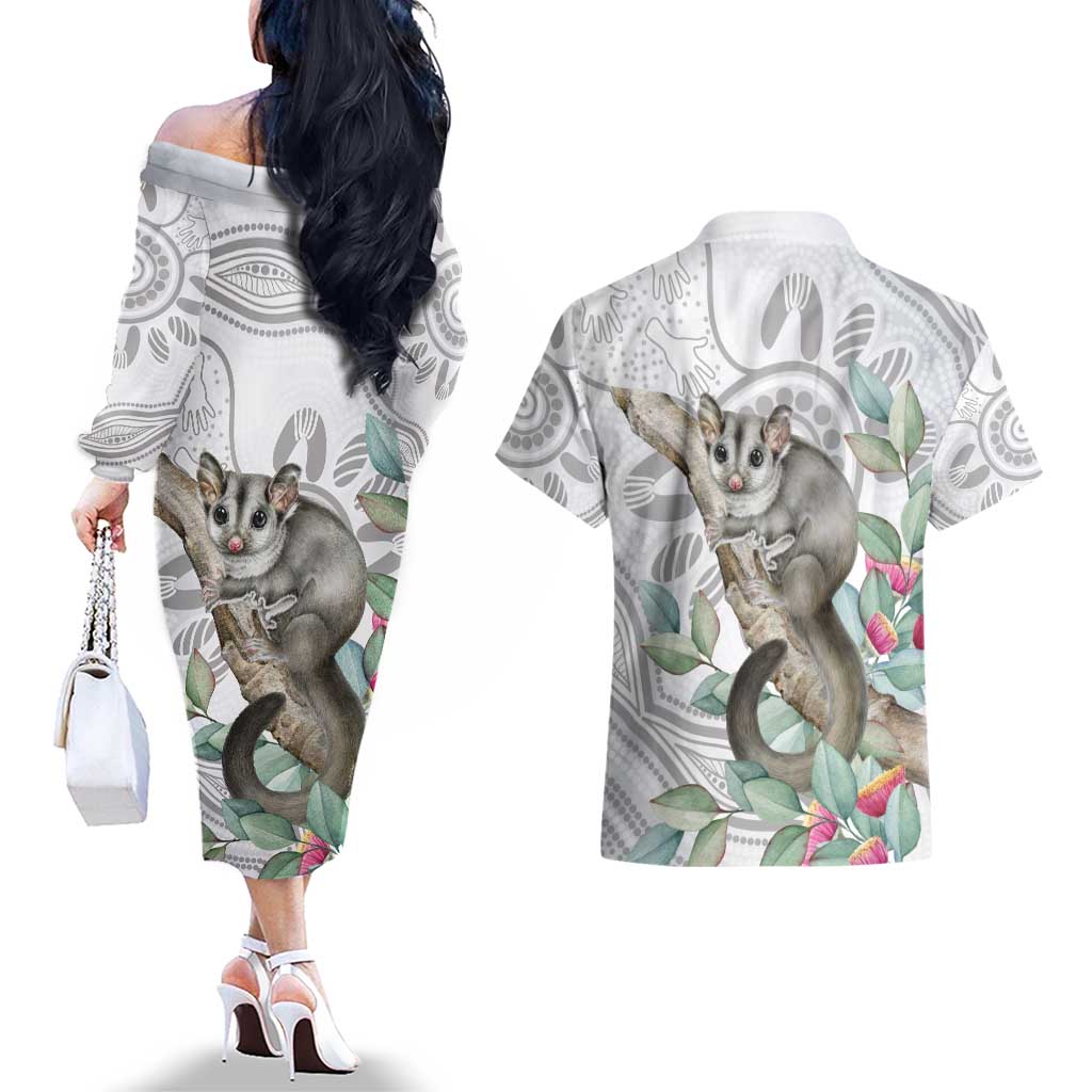 Australia Opossum Couples Matching Off The Shoulder Long Sleeve Dress and Hawaiian Shirt Aboriginal Art Gumtree Blossoms Grunge - Aussie Hoodie