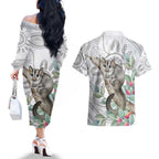 Australia Opossum Couples Matching Off The Shoulder Long Sleeve Dress and Hawaiian Shirt Aboriginal Art Gumtree Blossoms Grunge - Aussie Hoodie