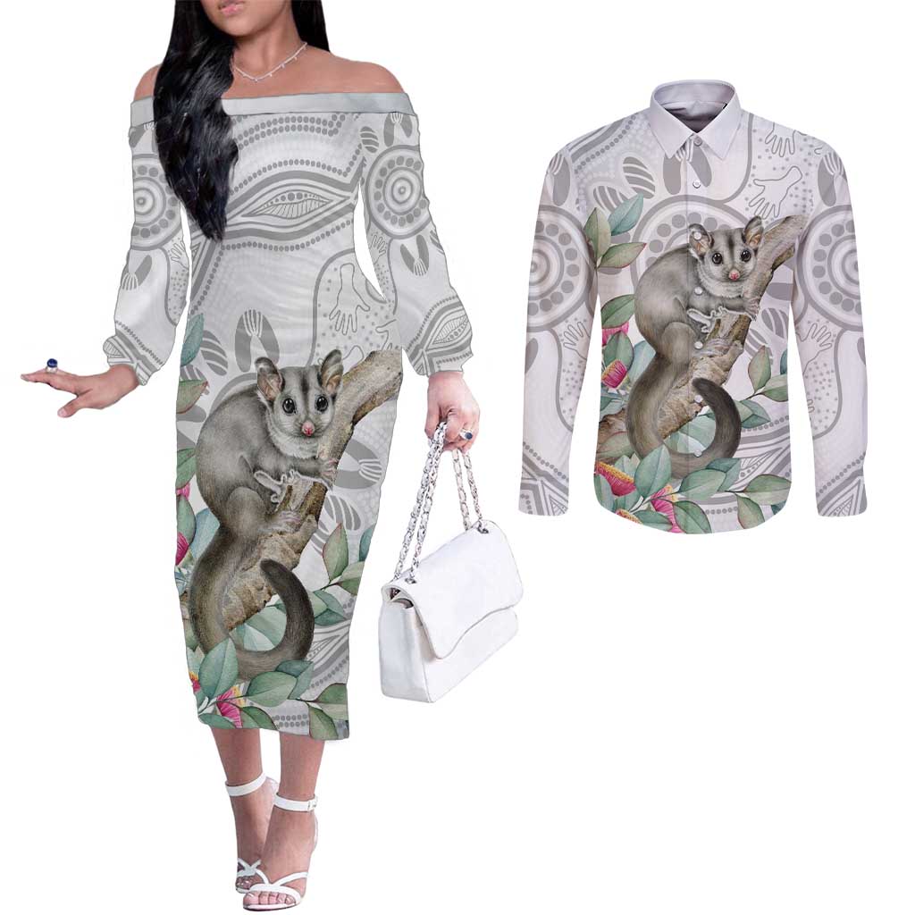 Australia Opossum Couples Matching Off The Shoulder Long Sleeve Dress and Long Sleeve Button Shirt Aboriginal Art Gumtree Blossoms Grunge - Aussie Hoodie