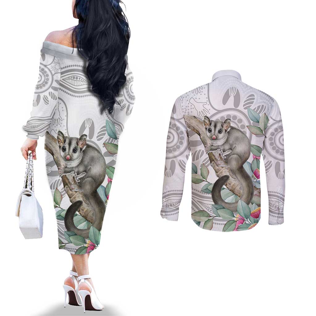 Australia Opossum Couples Matching Off The Shoulder Long Sleeve Dress and Long Sleeve Button Shirt Aboriginal Art Gumtree Blossoms Grunge - Aussie Hoodie