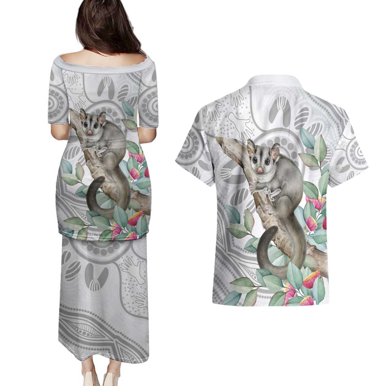 Australia Opossum Couples Matching Puletasi and Hawaiian Shirt Aboriginal Art Gumtree Blossoms Grunge - Aussie Hoodie