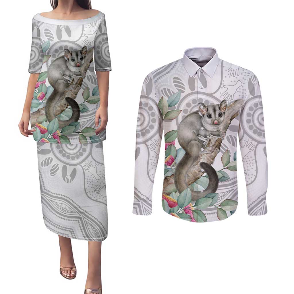 Australia Opossum Couples Matching Puletasi and Long Sleeve Button Shirt Aboriginal Art Gumtree Blossoms Grunge - Aussie Hoodie