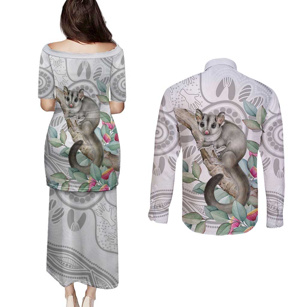 Australia Opossum Couples Matching Puletasi and Long Sleeve Button Shirt Aboriginal Art Gumtree Blossoms Grunge - Aussie Hoodie
