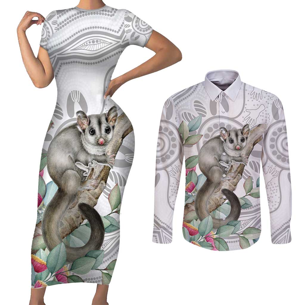 Australia Opossum Couples Matching Short Sleeve Bodycon Dress and Long Sleeve Button Shirt Aboriginal Art Gumtree Blossoms Grunge - Aussie Hoodie