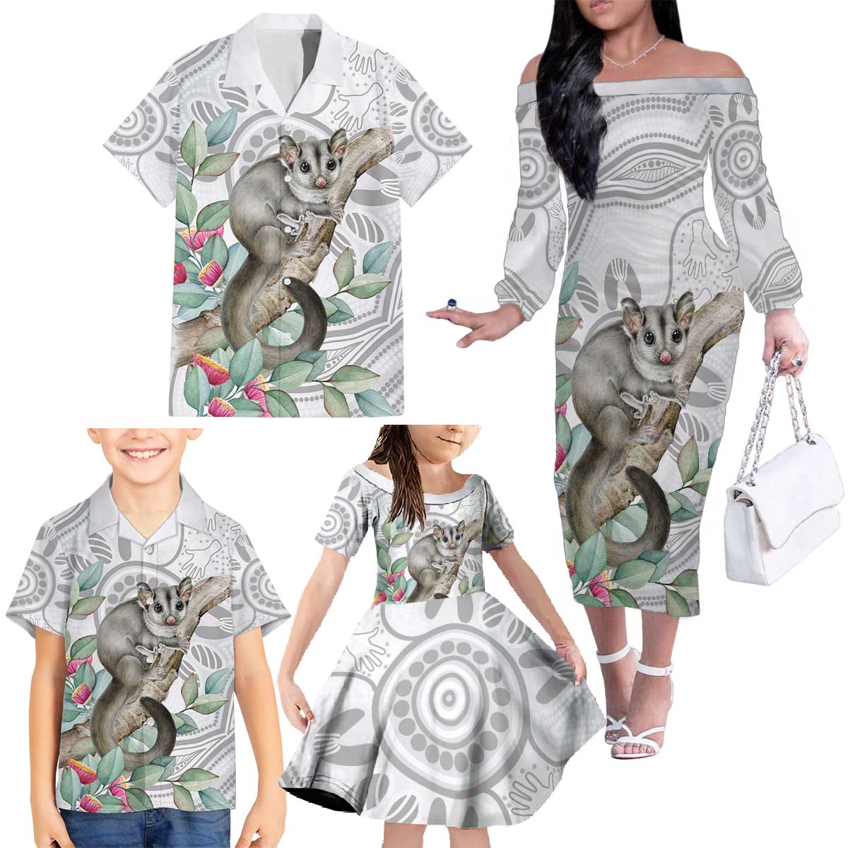 Australia Opossum Family Matching Off The Shoulder Long Sleeve Dress and Hawaiian Shirt Aboriginal Art Gumtree Blossoms Grunge - Aussie Hoodie