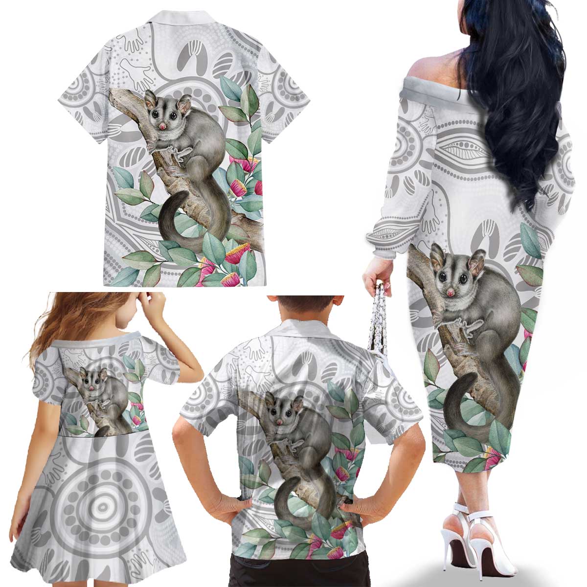 Australia Opossum Family Matching Off The Shoulder Long Sleeve Dress and Hawaiian Shirt Aboriginal Art Gumtree Blossoms Grunge - Aussie Hoodie