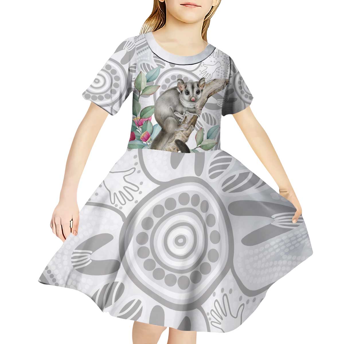 Australia Opossum Kid Short Sleeve Dress Aboriginal Art Gumtree Blossoms Grunge - Aussie Hoodie