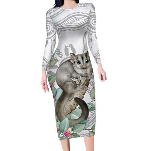 Australia Opossum Long Sleeve Bodycon Dress Aboriginal Art Gumtree Blossoms Grunge - Aussie Hoodie