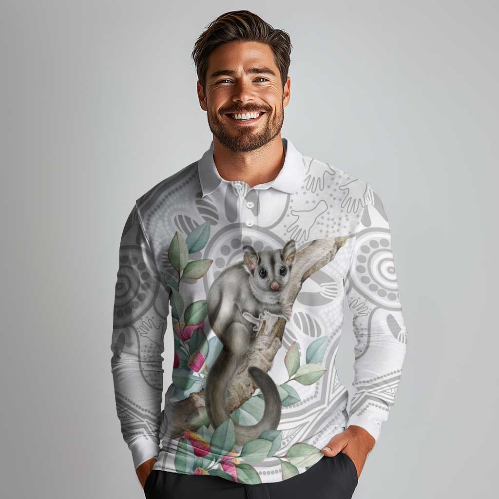 Australia Opossum Long Sleeve Polo Shirt Aboriginal Art Gumtree Blossoms Grunge - Aussie Hoodie